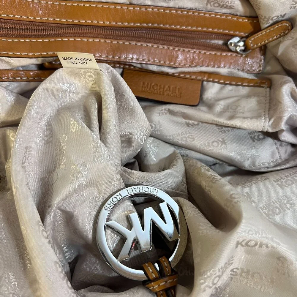 Michael Kors Tan Studded Leather Tote Bag With MK Charm & Zip Closure